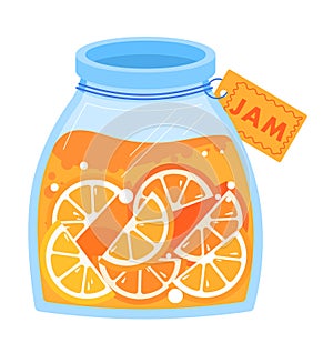 Jar of orange jam with label and citrus slices. Homemade marmalade preserve illustration. Organic food and sweet dessert