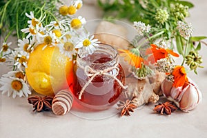 Jar of organic honey, lemon, garlic root, anise, fresh flowers camomile and calendula. Concept of alternative medicine, homeopathy