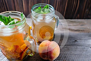 Jar of peach tea shot with selective focus