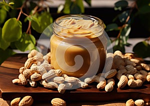 Jar with peanut butter with peanuts on wooden background.Macro.AI Generative