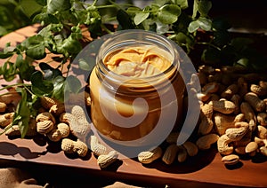 Jar with peanut butter with peanuts on wooden background.Macro.AI Generative