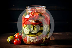 Jar of pickled cucumbers and tomatoes