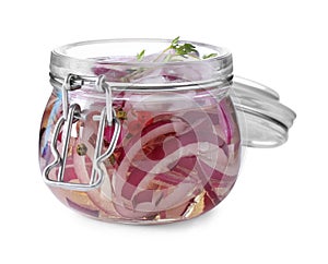 Jar of pickled onions on white