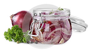 Jar of pickled onions isolated