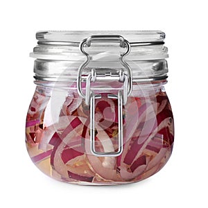 Jar of pickled onions on white