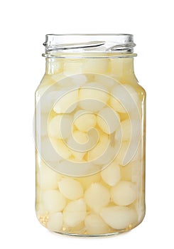 Jar with pickled onions on white