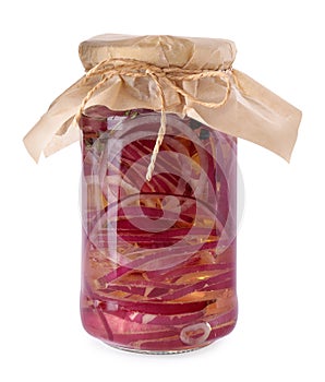 Jar of pickled onions on white