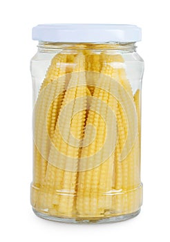 Jar of pickled young baby corn cobs isolated on white background Top view. Flat lay