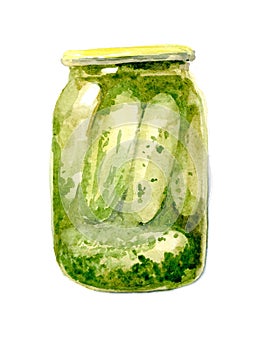 Jar of pickles. Hand drawn watercolor illustration isolated on white background.