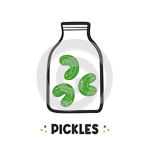 Jar of pickles, pickled green cucumbers doodle style vector illustration