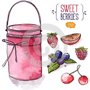 Jar of pink jam and berries. strawberry, blackberry with leaves, cherry, raspberry and orange slice