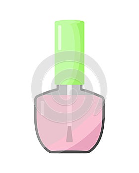 Jar with pink translucent lacquer, with a light green lid. Nude coating for nails. Vector illustration in flat style.