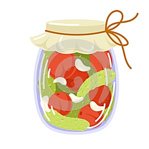 Jar preserved tomatoes and cucumbers in flat style. Can of pickled vegetables. Grocery conserve container. Vector