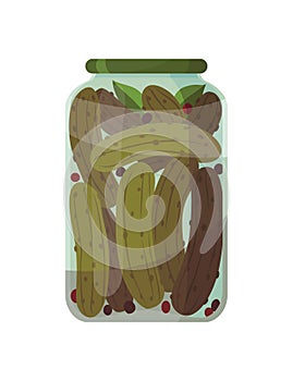 Jar preserved vegetables. Can of pickled cucumbers or pickles. Cartoon canned food in glass. Grocery conserve container