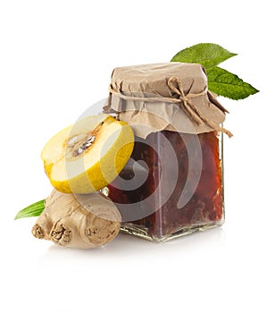 Jar of quince jam with ginger and quince fruit