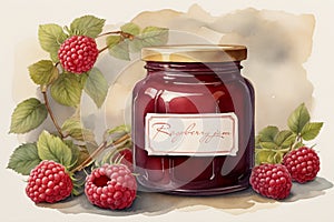 jar of raspberry jam and berries and raspberry leaves done in watercolor with copy space