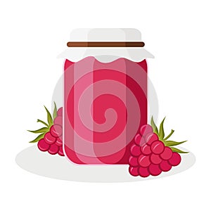 A jar of raspberry jam. Glass jar with jam and raspberries.