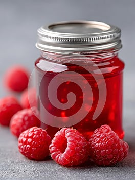 A jar of raspberry jam with raspberries on a table