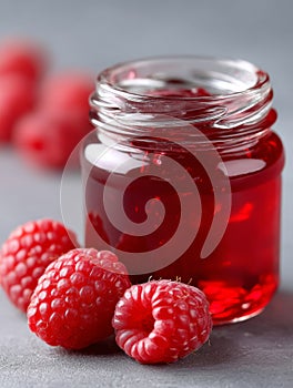 A jar of raspberry jam with raspberries on a table