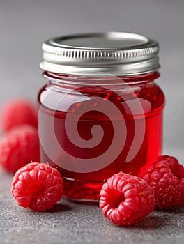 A jar of raspberry jam with raspberries on a table