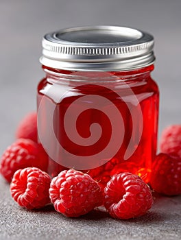 A jar of raspberry jam with raspberries on a table