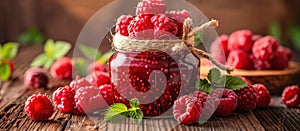 Jar of Raspberry Jam Surrounded by Raspberries