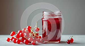 Jar of redcurrant jam next to fresh redcurrants