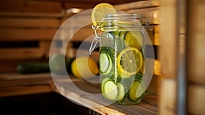 A jar of refreshing cucumber and lemon water sits on a shelf in a sauna encouraging guests to hydrate throughout their