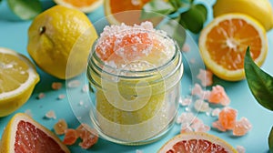 A jar of rich creamy body scrub made with natural sea salt and invigorating citrus scents photo