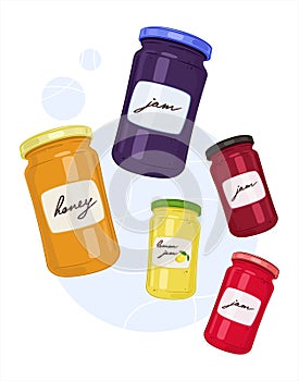 Jar. Set. A jar of honey. A jar of jam. Healthy food. Isolated vector illustration white background.
