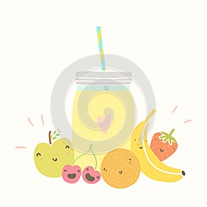 Jar with smoothie and funny fruits.