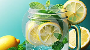 jar of sparkling lemonade, made with soda water, fresh lemon slices, and mint leaves
