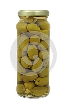 A jar of stuffed green olives isolated