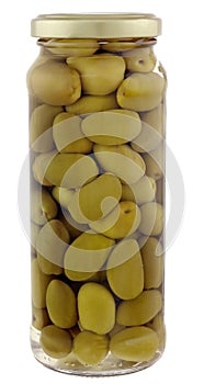 A jar of stuffed green olives isolated