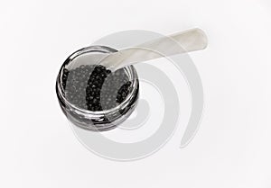 Jar of sustainably farmed black sturgeon caviar with a mother-of-pearl spoon