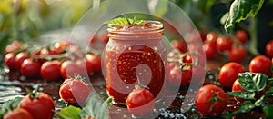 Jar of Tomato Sauce Surrounded by Fresh Tomatoes