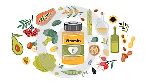 A jar of vitamin E in tablets or capsules and foods enriched with it. Fruits, vegetables, nuts, berries and oil set