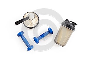 Jar with whey protein and dumbbells. Sports nutrition and food supplement