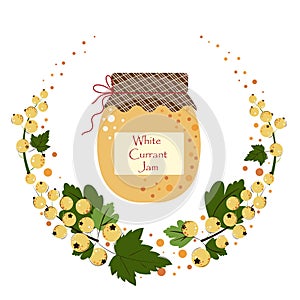 Jar White Currant Jam. Juicy ripe berries for making jam. Round frame of berries and leaves of White Currant. Flat style. Vector