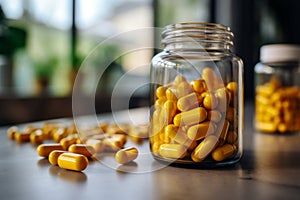 Jar with yellow vitamin pills healthy vital capsules pharmaceutical medicine omega supplement oil nutriment nutrient