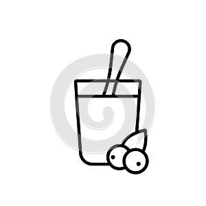 Jar of yogurt with stuck spoon and berries. Linear icon of healthy natural breakfast. Black illustration of sweet dessert in glass