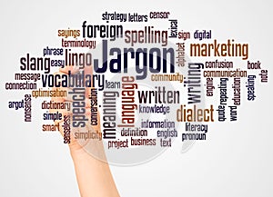 Jargon word cloud and hand with marker concept photo