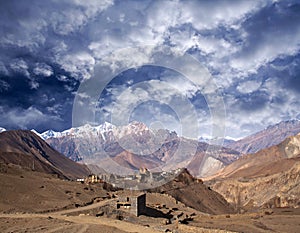 Jarkot village and Himalaya mountain landscape on Annapurna Circuit Trek, Nepal