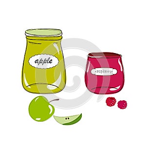 Jars with apple and raspberry jams