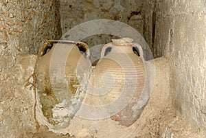 Jars in a Berber granary, Libya