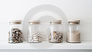 Jars containing beach pebbles and sand on white cupboard. Concept of preserving good summer memories. Minimalistic wallpaper