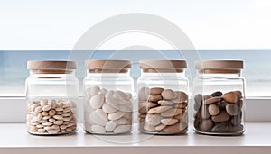 Jars containing beach pebbles and sand on window sill with beach view. Concept of summer holiday