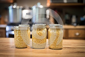 Jars of corn kernels waiting to be processed in the canner.