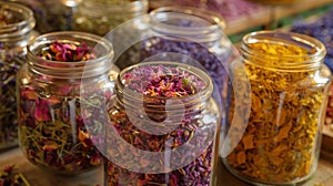 Jars of dried flowers and herbs decorate the tables providing inspiration for creating natural oil blends. 2d flat