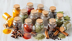 Jars filled with various spices are arranged neatly on a light